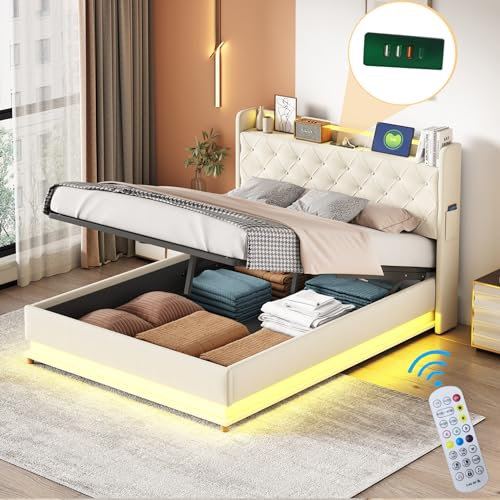 WIZBED Bett 140x200 mit L-E-D und USB, Polsterbett mit Stauraum, Hydraulischer Doppelbett mit Lattenrost und Bettkasten, Jugendbett Stauraumbett Leinenstoff Bettgestell,Beige,ohne Matratze