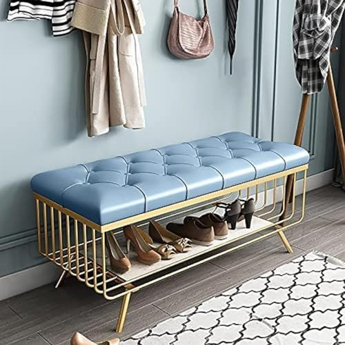 Bank-Schuhschrank aus Marmor und Metall, Veranda-Bank, Aufbewahrungsbank am Ende des Bettes mit Pu-Leder-Einstiegs-Schuhhocker (Farbe: Blau, Größe: 60 x 35 x 45 cm (24 x 14 x 18 Zoll))