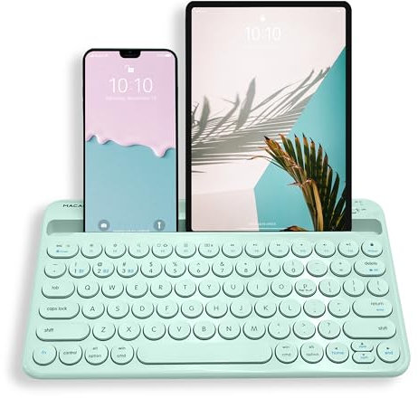 Macally Teclado Bluetooth para tableta, teclado inalámbrico para iPad, teclado para iPhone (multidispositivo, soporte integrado, recargable) fácil de usar y bonito teclado portátil, color verde menta