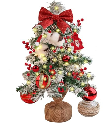 60cm Mini Albero di Natale con Luci Incorporate, Albero di Natale Innevato, Piccolo Albero Di Natale Da Tavolo Con Stand, Alberi di Natale Decorato, per Tavolo, Ufficio, Decorazione Natalizia