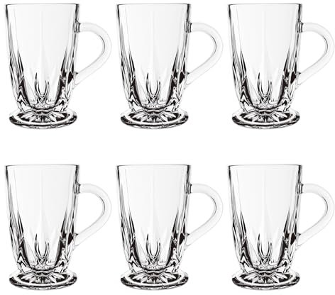 binsakao Tea Cups Set of 6 - Classic Clear Turkish Tea Cups - 285ml Footed Glass Tea Cup with Handles, Etched Design 9.6 oz