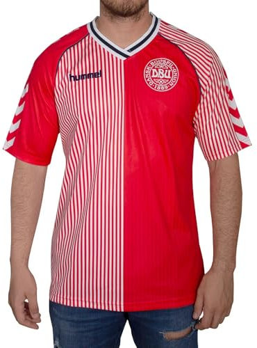 Hummel - T-Shirt Officiel Danemark 1986 - Coupe du Monde - Maillot de Football Danois - Bandes Verticales inspirées du Drapeau - Respirant 100% Polyester - Taille M