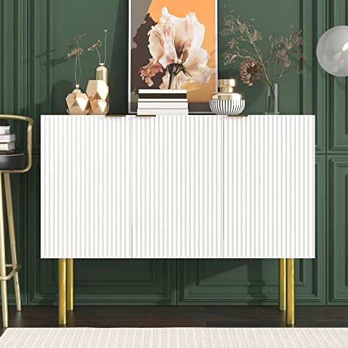 Merax Sideboard Küchenschrank Buffetschrank mit 3 Türen, verstellbaren Regalböden und Metallbeinen, Kommode Mehrzweckschrank, für Esszimmer, Wohnzimmer, Küche und Flur(Weiß/42x120x93CM)