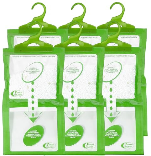 Sicignano | Set 6 Deumidificatori con Appendino 2 in 1, Anti-Umidità e Anti-Odore, Capacità 500 ml, Ideale per Armadi e Ambienti Domestici, Fragranza Aloe Vera