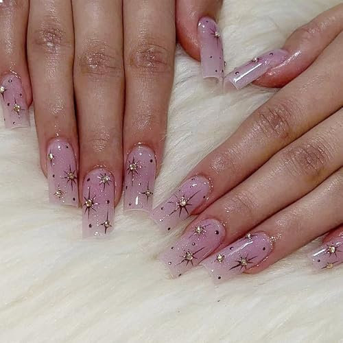 GlamRays Long Press On Nails, Rhinestone False Nails with Nail Glue, Star False Nails Glue on Nails for Women, Pack of 24