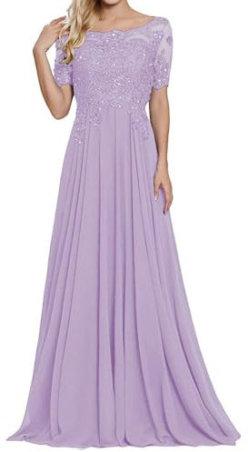 Abendkleider Damen Spitze Lang Mutter der Braut Kleider Chiffon A-Linie Hochzeit Partykleid mit Ärmeln Flieder 42