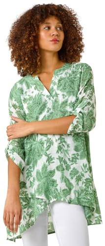 Roman Originals Floral Print Tunic Top for Women UK Ladies Casual Shirt Smart Blouse Asymmetric Wrap Hem Summer Holiday Party Cruise 3/4 Sleeve Longline Oversized - Floral Green - Size 18