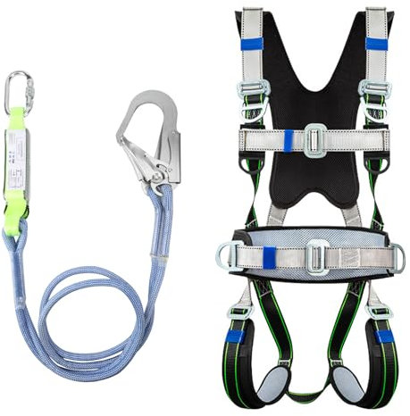 WingFly Fallschutz Auffanggurt, Absturzsicherung Sicherheitsgurt Set, Upgrade 5 Punkt Vollkörper Auffanggeschirr, mit 2 Haken, Fallschutz Sicherheitsseil mit Puffer für Arbeiten in der Luft