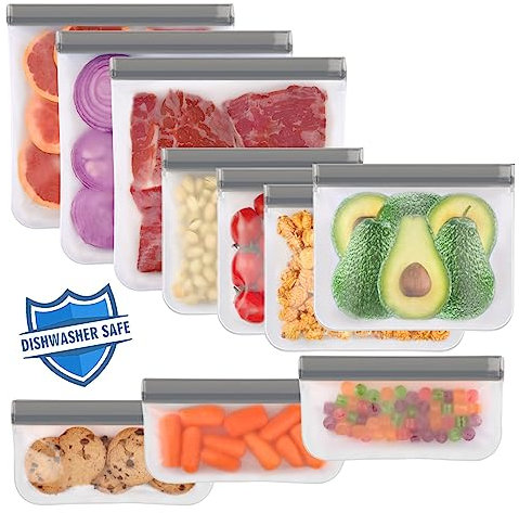10 Sacchetti Freezer, Sacchetti Alimenti Richiudibili, Sacchetti Riutilizzabili Senza BPA per Verdure, Latte, Snack e Carne Grigio(3 Galloni 4 Panini 3 Snack)