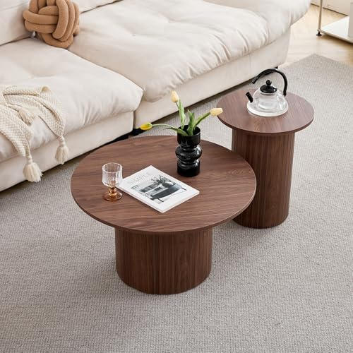 EGOONM 2er-Set Runder Couchtische für Zuhause und das Büro; Moderner Beistelltisch fürs Wohnzimmer mit Sockel aus Holzlatten (Walnuss/Holzmaserung)