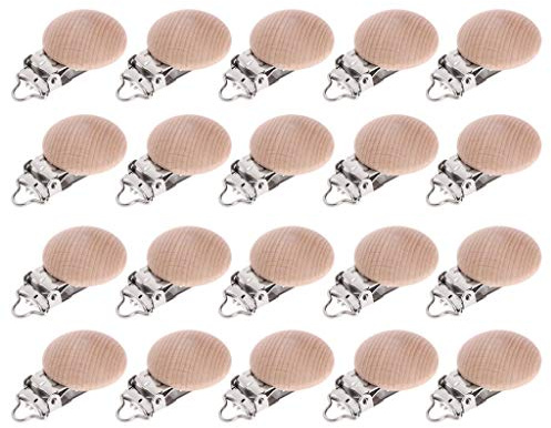 20 clips de madera para mordedores masticables, cadena de clip de mordedor de bebé, cierre de metal