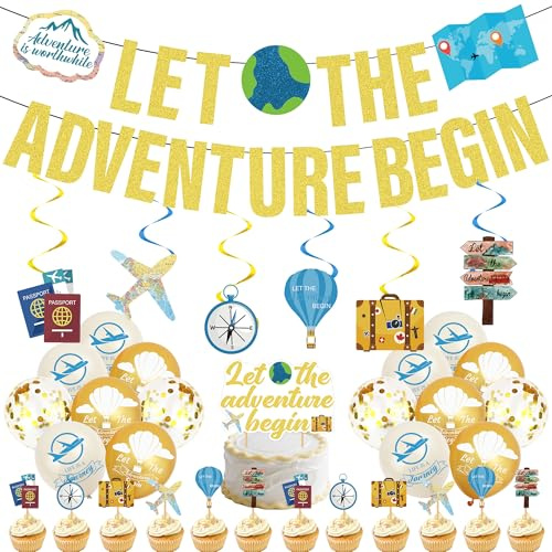 Let The Adventure Begin Banner - 37 Stück Deko für Reisende | Reise Motto Deko mit Banner Cupcake Toppers Ballons für Abschied Ruhestand Feier