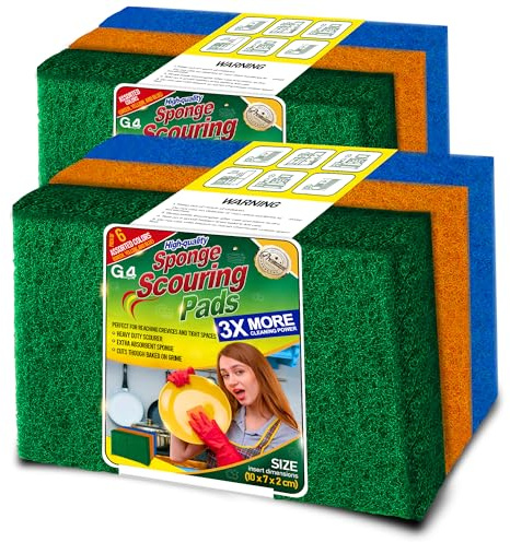 G4GADGET Heavy Duty Scouring Pads 6 Pack – Extra Absorbent Non-Scratch Scrub Pads for Washing Up, Kitchen Cleaning & Car Care – Durable Scourer Sponges Cuts Through Grease & Baked-On Grime