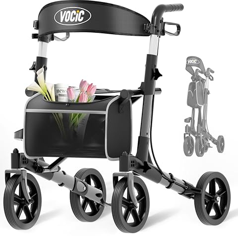 VOCIC Rollator Faltbar und Leicht mit Sitz, Rollatoren Schmal für Wohnung Klappbar Aluminium Gehhilfe für Senioren, wiegt nur 7.8kg, Kaufen Walker Für Alle Terrains, 6 Jahre Support | Tiefschwarz