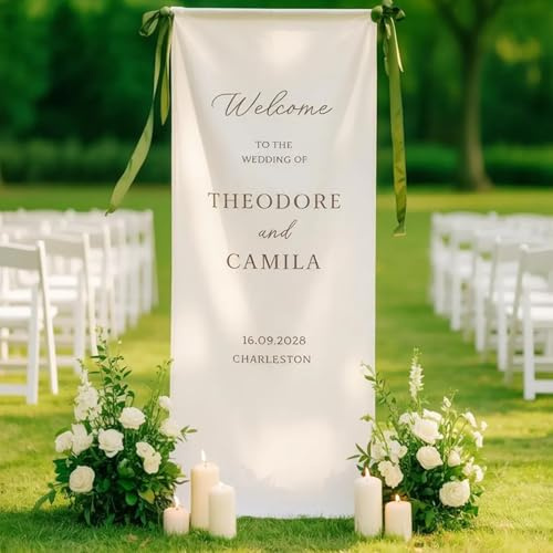 Striscione per matrimonio in lino personalizzato, cartello di benvenuto in tessuto personalizzato per cerimonie e ricevimenti, decorazione rustica e bohémien moderna per matrimoni (60 x 160 cm)