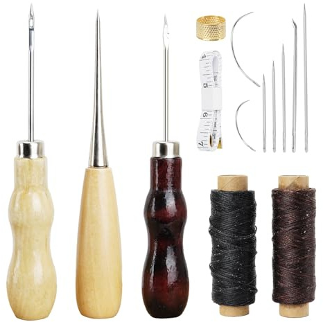 Ledergarn Ledernadel, Leder Nähset, 2 Rollen Sattlergarn Gewachst, Reißfest Wachsfaden mit Bohr Ahle, Sattlernadel und Fingerhut, Leder Zwirn, für Lederhandwerk, DIY Sewing, Reparatur