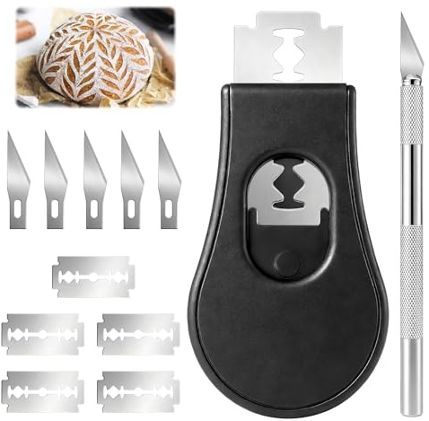 Henjunu 2Pcs Lame Boulanger avec 10 Lames de Rasoir Acier Inoxydable | Lame Boulanger Extractible et Magnétique Outil à Pain, Couteau Coupe-Pâte Outil pour Grigner Scarifier Pain Accessoire