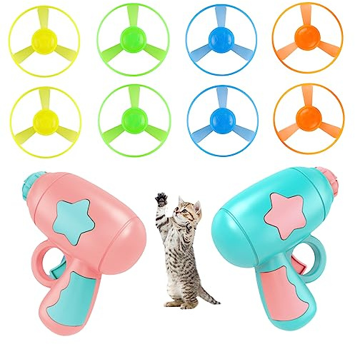 Hperu Flying Disc Launcher Toy, 10Pcs/Set Flying Disc Launcher for Cats, Cute Colorful Interactive Cat Chasing Saucer Shooter Toy for Training