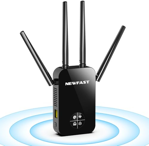 NEWFAST Repetidor WiFi Amplificador Señal WiFi 1200Mbps WPA/WPA2 | 5GHz Extensor WiFi para Casa/Oficina, AC1200 WiFi Extender Doble Banda 4X Antenas de Alta Ganancia, Puerto Ethernet, 5 Modos