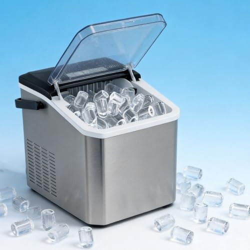 Portable Ice Maker Machine for Countertop, 2 Bullet Ice Sizes in 6-8 Mins, 14KG/24H, Self-Cleaning, with Ice Scoop & Basket, for Home, Kitchen, Office (Silver)