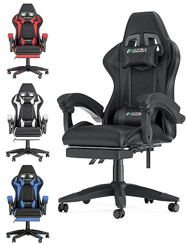 bigzzia Gaming Chair with Footrest and Ergonomic Computer Chair Reclining PU Leather High Back Video Game Chair (Black)