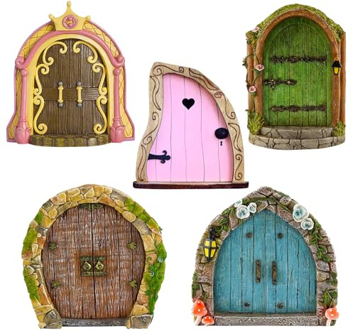 Orsefeliy 5 Stück Holz Feentür Wichteltür Dekoration, Hölzerne Feen Türen für Garten Elfen Tür Yard Ornamente, Miniatur Feentür Garten Märchenhafte Outdoor Kinder Dekorationset