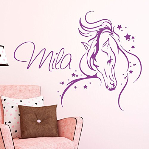 Wandtattoo Loft Pferd mit Sternen WUNSCHNAME Mädchen Kinderzimmer / 30 Farben / 4 Größen