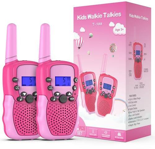 Kearui Jouets Filles 3-12 Ans, Talkies Walkies Enfants Radio à 2 Voies avec 8 Canaux, Lampe de Poche LCD Rétro-éclairée, Gamme de 3 Miles pour Aventures Extérieures, Camping, Randonnée