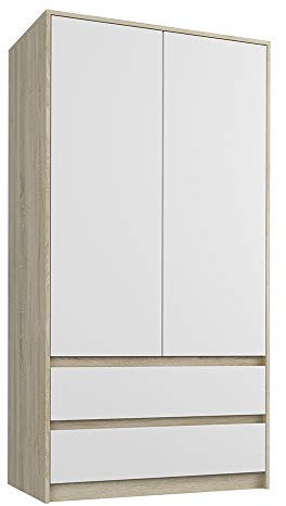 Framire B-9 Kleiderschrank in Sonoma Eiche mit Weiß, 2-türiger Kleiderschrank, 2 Schubladen, Kleiderschrank für das Schlafzimmer, Wohnzimmer, Flur, 180 x 90 x 55 cm