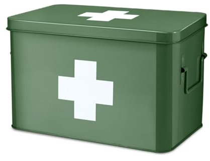 Flexzion First Aid Box Organizer Empty 13 Green Vintage First Aid Kit Tin Metal Medical Box - First Aid Storage Box Container Bins with Dividers, Removable Tray and White Cross Logo