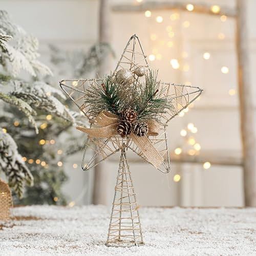 HANTURE Christmas Tree Topper Star Metal Glitter Star Tree Topper with Red Berries and Pine Branches Rustic Natural Treetop Ornaments for Home Shop Holiday tree Decor1