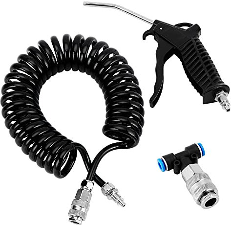 eROOSI LKW Ausblaspistole Druckluftpistole, Druckluft Set, LKW Air Duster Blaspistole, Spiralschlauch Ausblaspistole LKW mit 5 Meter Spiralschlauch (5 * 8 mm) und T Stück Schnellkupplung (2 x 6mm)