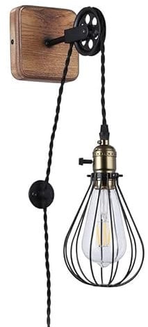 B·LED BARCELONA LED BarcelonaLED Wandleuchte Vintage Holz mit Kabelstecker und Schalter Industrie Flaschenzug Hängelampenhalter Käfig E27 Fassung