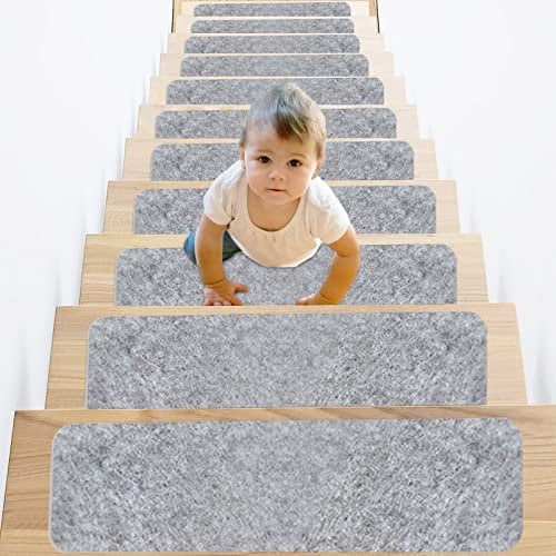 Scoutteemo Stairs carpet mats, 55 * 20CM self-adhesive floor stair carpets treads non slip rectangular rug, carpet treads for solid wood stairs, safety washable rug for kids elders and pets 14Pcs
