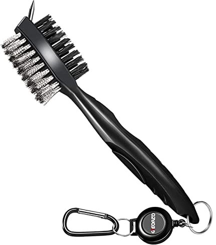 Geeorzo Golf Club Cleaner, Dual-Sided Retractable Golf Brush and Groove Cleaner with Carabiner, Golf Accessories for Men Golfer Gifts (Black)