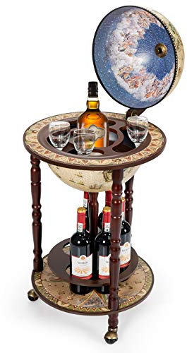 COSTWAY Globus Bar Holz, Globusbar auf Rollen, Barwagen, Hausbar, Weinregal 45 x 45 x 88cm, Beige