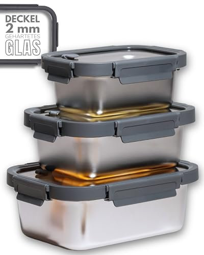 HATTY HAYS Vorratsdosen mit Deckel luftdicht aus Edelstahl & Glasdeckel [800ml/1200ml/1780ml] Frischhaltedosen mit Deckel | Meal Prep Boxen | mikrowellenfest, spülmaschinenfest, BPA-frei, aromadicht