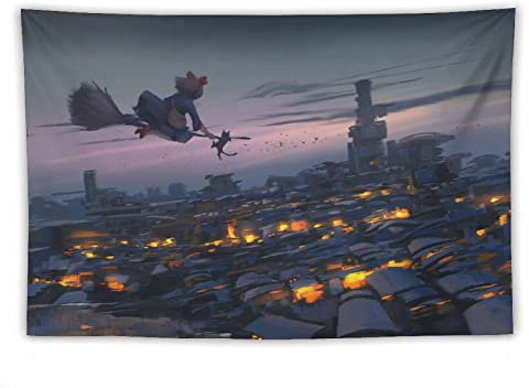 XUYANG Kiki's Delivery Service Anime Studio Ghibli Poster Polyester Tapisserie Drucke Raum Ästhetische Wandkunst Schlafzimmer Wandteppiche Wände Schlafzimmer Home Decor 101,6 x 152,4 cm