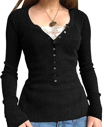 Womens Long Sleeve Henley Tops Casual Button Up Tunic Blouse Ribbed Slim Fit Shirts Y2K Lace Patchwork Pullover Shirt