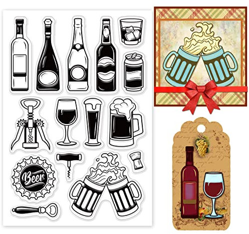 PandaHall Getränkemuster Durchsichtige Stempel Bier/Wein/Flaschenöffner Transparente Gummistempel Für DIY Scrapbooking Stempel Prägung Kartenherstellung Dekorationspapier Fotokartenalbum Basteln