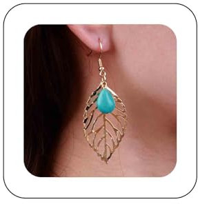 Aneneiceera Boho Türkis Teardrop Blatt Tropfen Ohrringe Große Goldblatt Tropfen Ohrringe Vintage Ethnischen Türkis Stein Haken Ohrringe Erklärung Hohlen Blatt Baumeln Ohrringe Schmuck Für Frauen