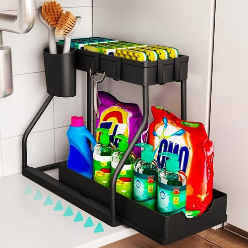 HapiRm Under Sink Storage Shelf, 2 Tier Slide Out Under Cabinet Basket Drawer, Kitchen Storage and Organisation Storage Rack Basket for Kitchen, Bathroom & Countertop, 1 Set