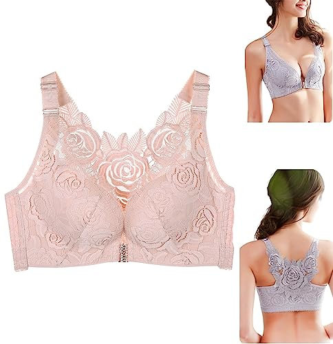 Floral Comfort Rose Bra, Women's Front Closure Bra Lace Back Push Up Non Padded Wirefree Bralette Bra (Pink,36/80D)