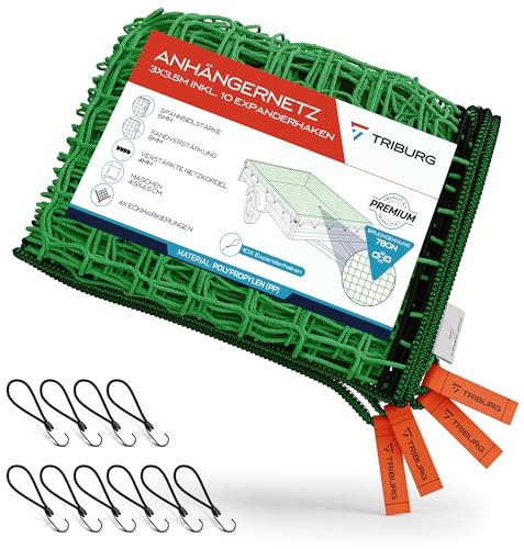 Anhängernetz 3x3,5 [DEKRA Geprüft] inkl. 10x Expander Haken - Anhänger Netz mit Eckmarkierungen und Randverstärkung inkl. 10x Gummispanner mit Haken