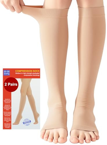 2 Pares Medias de Compresión Mujer y Hmbre Médicas Circulacion, 20-30 mmHg Clase 2, Calcetines Compresion con Punta Abierta para Varices, Edema, Vuelo (2x Beige, XL)