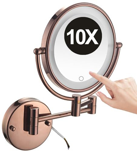 REWIS Miroir de courtoisie de Maquillage éclairé par LED Mural câblé de 8 Pouces avec intensité Tactile, Miroir cosmétique grossissant 10X Rotatif Double Face, Miroir de Rasage HD,Rose Gold,1Color
