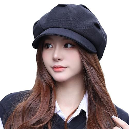 WANYIG Winter Baskenmütze Damen Französische Vintage Schirmmütze Ballonmütze Wintermütze Barett Cap Malerhut Eindicken 56-60cm (Schwarz)