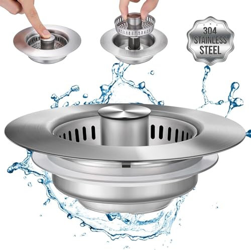 Auauraintt 3 en 1 Colador de Fregadero de Cocina, tapón para Fregadero emergente de Acero Inoxidable 304, filtrar residuos de Alimentos, Evitar olores, Profundidad del Fregadero > 22 mm (1)