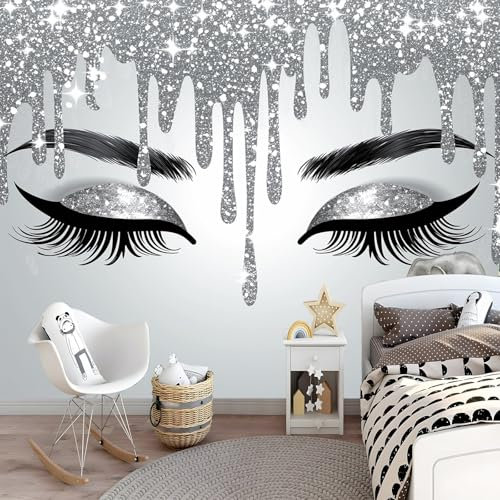 Fototapeten Schöne Frau Mit Langen Wimpern Wandtapete Vlies Wand Tapete XXL Glitzerndes Silber - 200 x 140 cm - Schlafzimmer Büro Flur Dekoration Wandbilder Moderne Wanddeko Fototapete