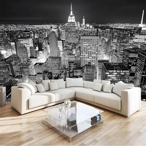 Mural Photo Wallpaper 300 x 210 cm Non-Woven 3D Photo Wallpaper New York City at Night Sofa TV Living Room Background Wallpaper Mural Black and White Wall Decoration Art Wall Sticker